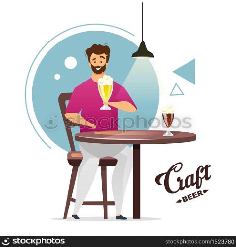 Craft beer production flat color vector illustration. Microbrewery. Small brewery. Homebrewer. Man with pint of beer at table. Guy in bar, pub. Isolated cartoon character on white background
