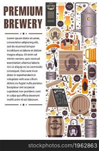 Craft beer production in premium brewery. Equipment and ingredients while making and fermentation alcoholic beverage and drink. Promotional poster or banner with sample text. Vector in flat style. Premium brewery, craft beer made for pubs and bars