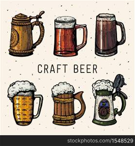 Craft beer. Retro style beer mugs engraving. Hand drawn Craft beer cups. Vintage engraving illustration for poster oktoberfest. Pint sketch style. Vector. Craft beer. Retro style beer mugs engraving. Hand drawn Craft beer cups. Vintage engraving illustration for poster oktoberfest. Pint sketch style. Vector.