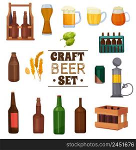 Craft beer set with plant ingredients for brewing, mugs with foam, various packaging isolated vector illustration . Craft Beer Set