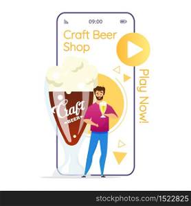 Craft beer shop cartoon smartphone vector app screen. Brewery game. Microbrewery. Man holding pint of beer. Mobile phone display with flat character design mockup. Application telephone cute interface