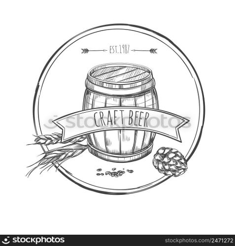 Craft beer sketch concept with wooden barrel wheat hop cone and ribbon on white background isolated vector illustration. Craft Beer Sketch Concept