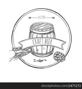 Craft beer sketch concept with wooden barrel wheat hop cone and ribbon on white background isolated vector illustration. Craft Beer Sketch Concept