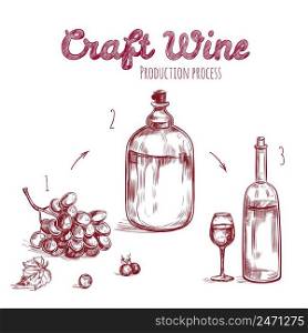 Craft drink hand drawn concept with main steps of traditional wine production on white background isolated vector illustration. Craft Drink Hand Drawn Concept