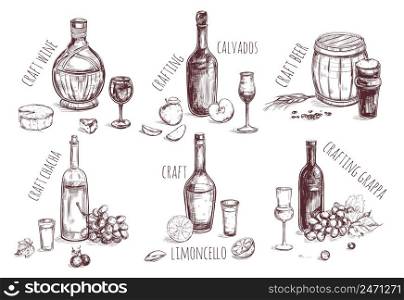 Craft drink sketch elements set with different alcoholic beverages and ingredients for production isolated vector illustration. Craft Drink Sketch Elements Set