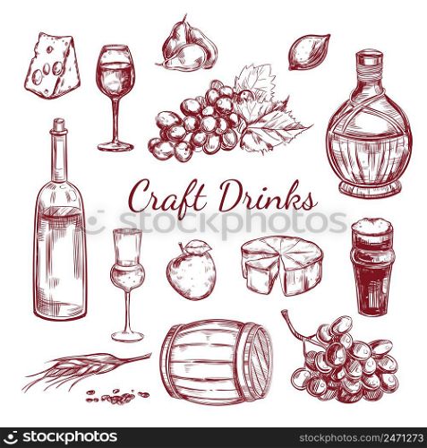 Craft drink sketch elements set with different ingredients for wine production bottles and glasses isolated vector illustration. Craft Drink Sketch Elements Set