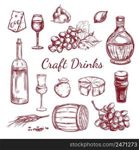 Craft drink sketch elements set with different ingredients for wine production bottles and glasses isolated vector illustration. Craft Drink Sketch Elements Set