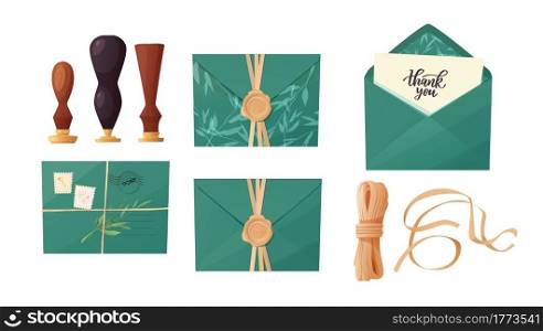 Craft envelope with thank you hand lettering letter. Jute rope, stamps. Cartoon vector illustration.