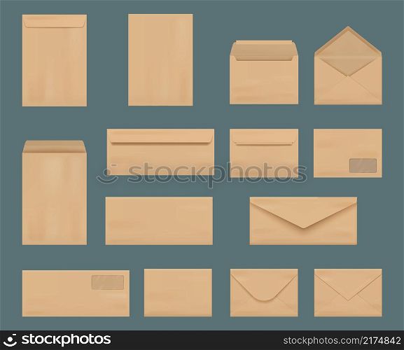 Craft envelopes. Business identity stationery a4 printing mockup collection vintage letters from craft paper decent vector realistic pictures set. Illustration envelope craft, paper corporate post. Craft envelopes. Business identity stationery a4 printing mockup collection vintage letters from craft paper decent vector realistic pictures set