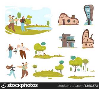 Craft Family, Country House, Farmland Cartoon Set. Father, Mother and Children Having Fun on Nature. Rustic Natural Landscape and Traditional Farm Cottages. Eco Friendly Vector Illustration. Craft Family, Country House, Farmland Cartoon Set