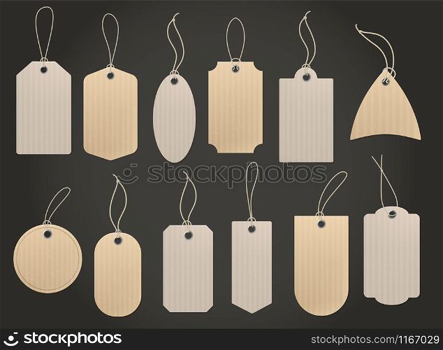 Craft hanging labels. Price brown paper tag for natural eco food grocery and shop vintage isolated crafting vector set. Craft hanging labels. Price brown paper tag for natural eco food grocery and shop vintage vector set