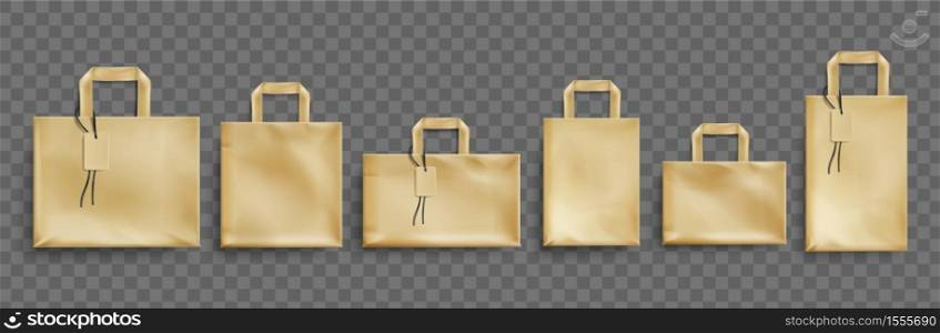 Craft paper eco bags different shapes with tags. Vector realistic mockup of blank brown packets with handles isolated on transparent background. Template for corporate design on cardboard bag. Vector mockup of craft paper eco bags