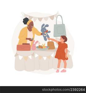 Craft stall isolated cartoon vector illustration School festival, stall decorated with flags, woman selling craft toys, colorful bags and jars on the table, price label vector cartoon.. Craft stall isolated cartoon vector illustration