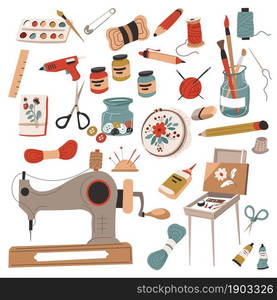 Crafts and hobbies, sewing and tailoring, drawing and knitting. Instruments and equipment for working and master classes. Machine and thread, paints and brushes, pencil and pin. Vector in flat style. Hobbies and crafts, handmade and do it yourself