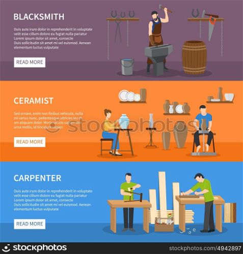 Craftsman Flat Banners. Horizontal colorful craftsman flat isolated banners with people having professions of blacksmith carpenter and ceramist vector illustration