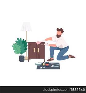 Craftsman flat color vector faceless character. Man paint cabinet. Worker for repair service. Home renovation. Furniture restoration isolated cartoon illustration for web graphic design and animation. Craftsman flat color vector faceless character