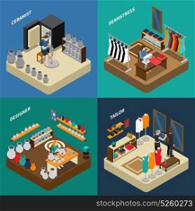 Craftsman Isometric Compositions. Craftsman isometric compositions with potter and designer with ceramics seamstress and tailor with clothing isolated vector illustration