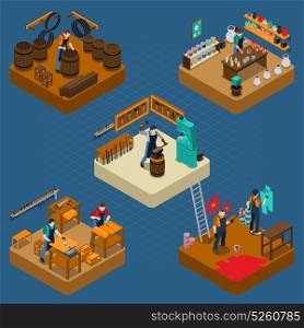 Craftsman Isometric Illustration. Craftsman isometric composition with creation of casks blacksmith carpentry house painting and design works vector illustration