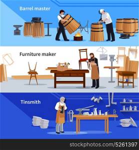 Craftspeople 3 Flat Horizontal Banners Set . Craftspeople at work 3 flat banners collection with tinsmith cooper barrels an furniture maker isolated vector illustration