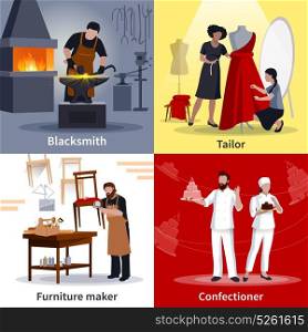 Craftspeople Concept 4 Flat Icons Square . Craftspeople at work 4 flat icons square composition poster with tailor blacksmith furniture maker isolated vector illustration