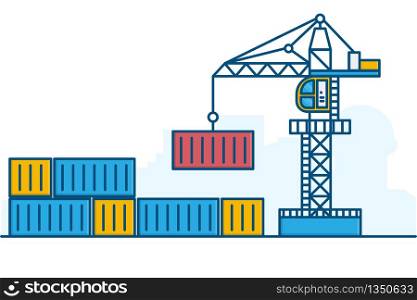 Crain and container on warehouse. freight transport and logistics concept. Thin Line art vector illustration.
