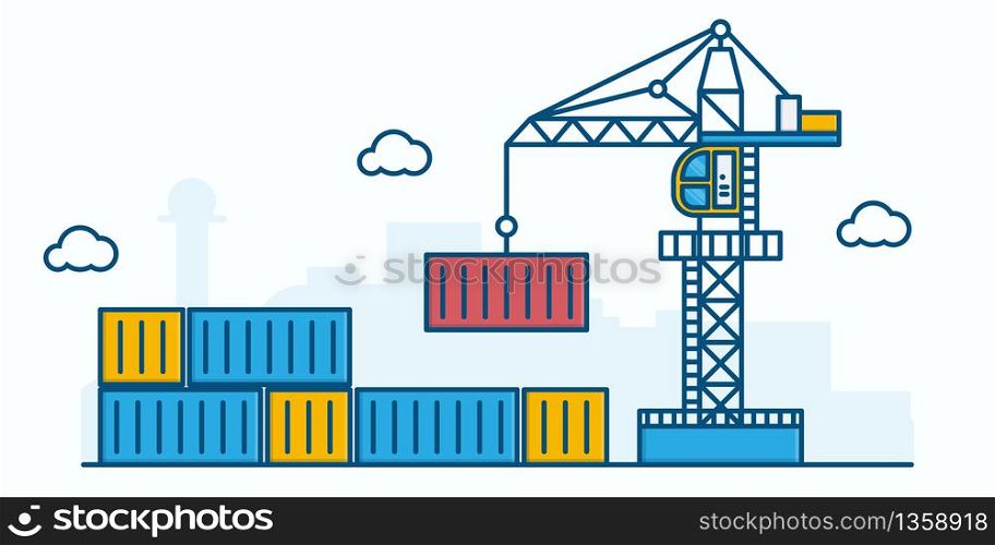 Crain and container on warehouse. freight transport and logistics concept. Thin Line art vector illustration.