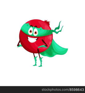 Cranberry superhero in cape, cartoon vector funny berry in cloak and mask stand with arms akimbo. Powerful super hero vitamin fruit, brave plant character, cheerful fairytale healthy food personage. Cranberry superhero in cape, cartoon vector berry