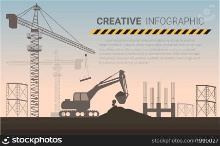 Crane and backhoe in construction site. Construction vector background for presentation, Ready template for web site, Landing page and presentation of your company.
