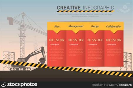 Crane and backhoe in construction site. Infographic Template for presentation, Ready template for workflow layout, banner, number options, step up options, web design, diagram.