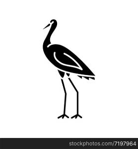Crane bird black glyph icon. Heron standing in pose. Elegant animal in stance. Japanese bird with long neck. Fauna and wildlife. Silhouette symbol on white space. Vector isolated illustration