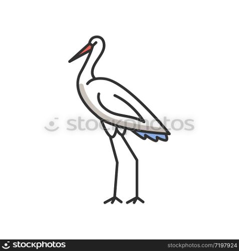 Crane bird RGB color icon. Heron standing in pose. Elegant animal in stance. Japanese bird with long neck. Fauna and wildlife. Zoology and birdwatching. Isolated vector illustration
