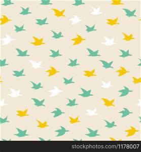 Crane Birds Japanese Seamless Pattern with Simple Birds Silhouettes for wall paper wallpapers, backdrops or fabric textile. Flying elegant black swallows, hand-drawn ink illustration on white blackground. Crane Birds Seamless Pattern with Birds Silhouettes