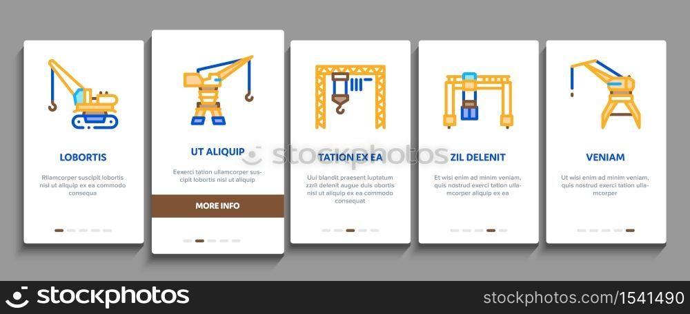 Crane Building Machine Onboarding Mobile App Page Screen Vector. Crane Port Construction For Unloading Ship And Tower For Build House, Lifting Weight Illustrations. Crane Building Machine Onboarding Elements Icons Set Vector