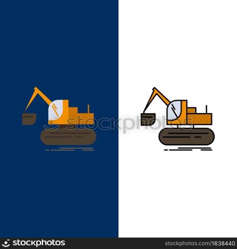 Crane, Construction, Lift, Truck  Icons. Flat and Line Filled Icon Set Vector Blue Background