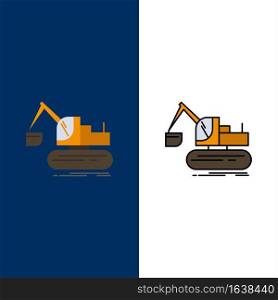 Crane, Construction, Lift, Truck  Icons. Flat and Line Filled Icon Set Vector Blue Background