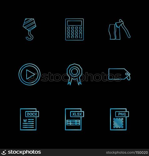 Crane hook , calculator , axe , video , medal , badge , tag , png , xlxs , excel , docx ,icon, vector, design,  flat,  collection, style, creative,  icons