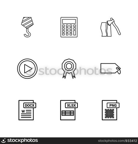 Crane hook , calculator , axe , video , medal , badge , tag , png , xlxs , excel , docx ,icon, vector, design, flat, collection, style, creative, icons