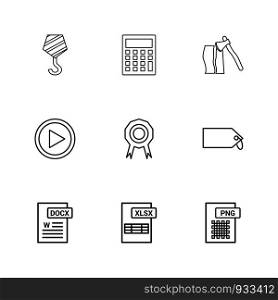 Crane hook , calculator , axe , video , medal , badge , tag , png , xlxs , excel , docx ,icon, vector, design, flat, collection, style, creative, icons