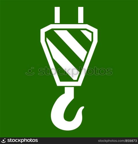 Crane hook icon white isolated on green background. Vector illustration. Crane hook icon green