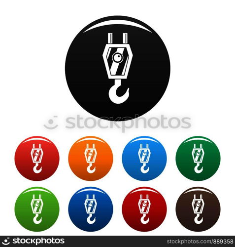 Crane hook icons set 9 color vector isolated on white for any design. Crane hook icons set color