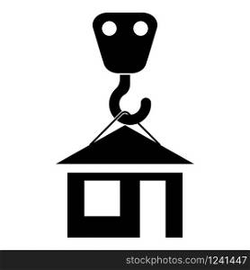 Crane hook lifts home Holds roof house icon black color vector illustration flat style simple image. Crane hook lifts home Holds roof house icon black color vector illustration flat style image