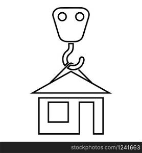 Crane hook lifts home Holds roof house icon outline black color vector illustration flat style simple image. Crane hook lifts home Holds roof house icon outline black color vector illustration flat style image