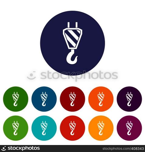 Crane hook set icons in different colors isolated on white background. Crane hook set icons