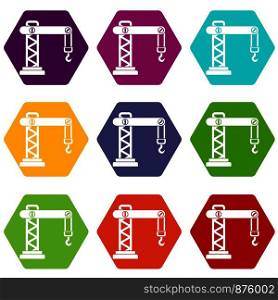 Crane icon set many color hexahedron isolated on white vector illustration. Crane icon set color hexahedron