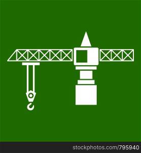 Crane icon white isolated on green background. Vector illustration. Crane icon green