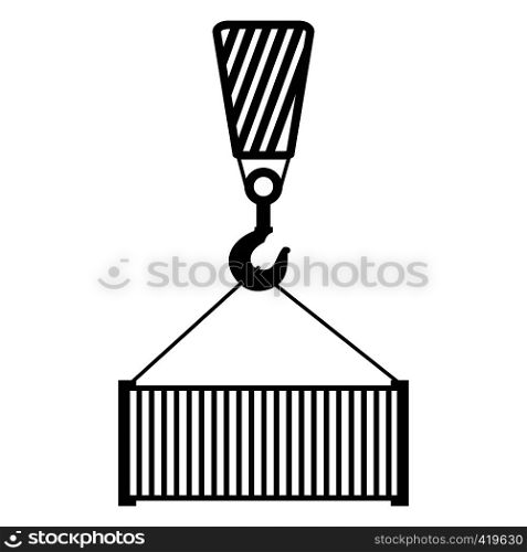 Crane lifts a container with cargo black simple icon on a white background. Crane lifts a container with cargo
