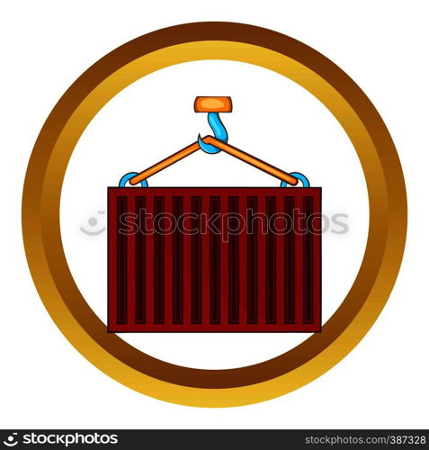 Crane lifts red container vector icon in golden circle, cartoon style isolated on white background. Crane lifts red container vector icon