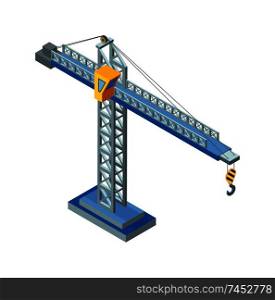 Crane machine, industrial construction machinery made of steel isolated icon vector. Lifting device with hook and rope. Tower hydraulic structure. Crane Machine, Industrial Construction of Steel