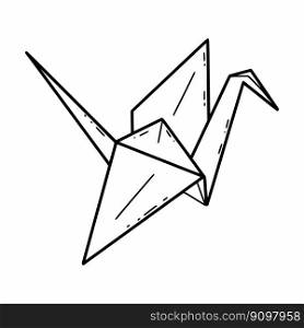 Crane made of paper. Japanese origami art. Hand drawn illustration. Doodle style drawing. Black and white icon.