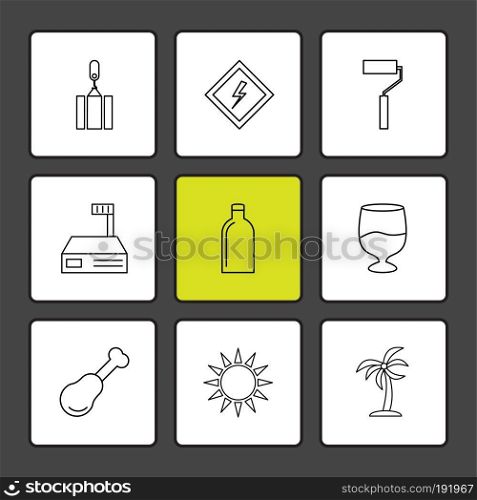 crane,  paint roller ,baord , sun , tree , bottle , glass , icons , icon, vector, design,  flat,  collection, style, creative,  icons